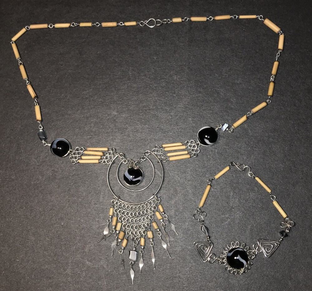 Peruvian Style BOHO Serpentine Stone Bamboo 20”Necklace 7”Bracelet Preowned